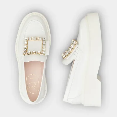 Roger Vivier Viv' Rangers Loafers In White Patent Leather With Crystal Buckle (Heel Height 5.5cm)