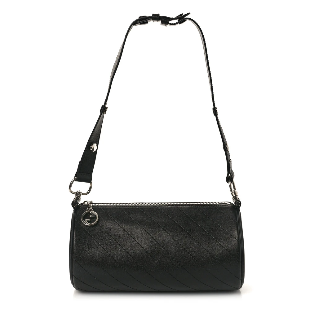 Gucci Mini Diagonal Stitched Blondie Barrel Shoulder Bag Black Sakai Be Green Calfskin Leather Silver Hardware