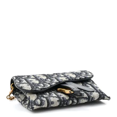 Dior Nano Saddle Chain Pouch Blue Oblique Canvas Gold Hardware