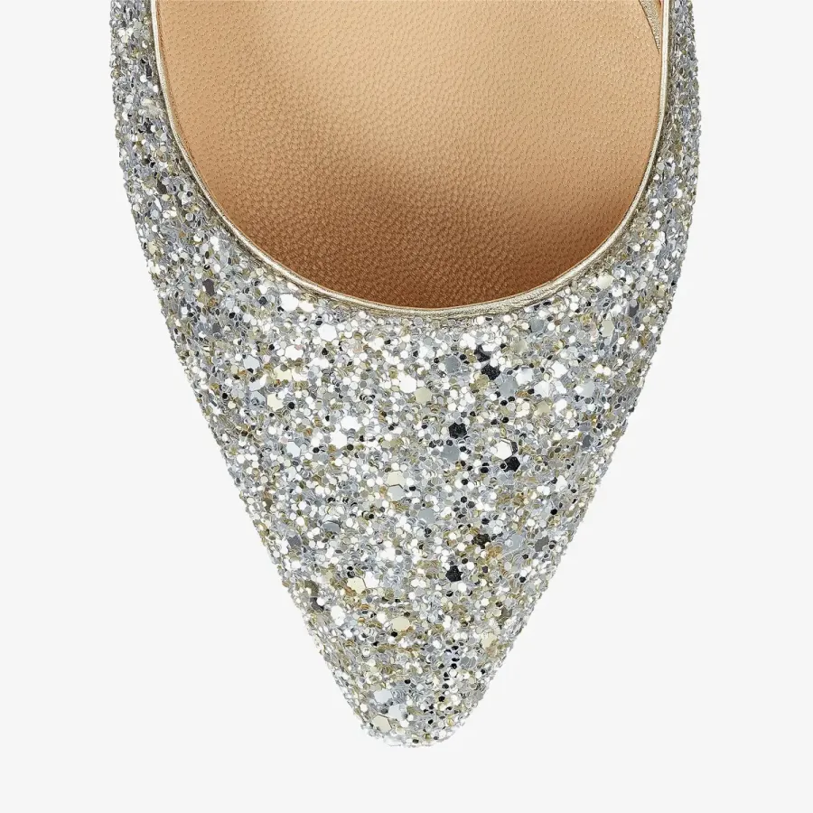 JIMMY CHOO Silver coarse grain glitter fabric pointed heels