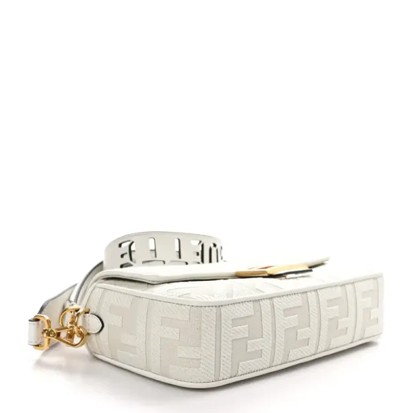 Fendi Extra Strap FF Embroidered Baguette White Ice Canvas & King Vitello Leather Gold Hardware - Image 6