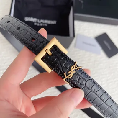 Saint Laurent Cassandre Belt In Black Crocodile-Embossed Calfskin With Gold/Silver/Black Hardware 20mm