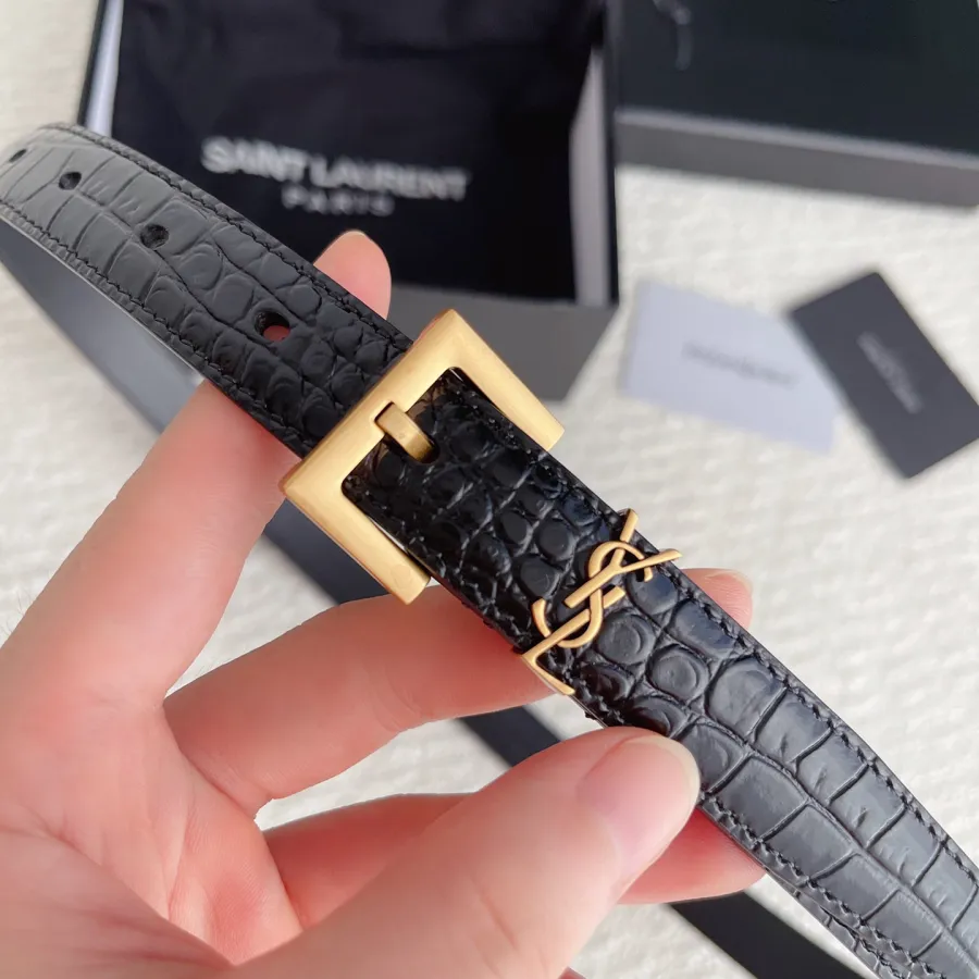 Saint Laurent Cassandre Belt In Black Crocodile-Embossed Calfskin With Gold/Silver/Black Hardware 20mm