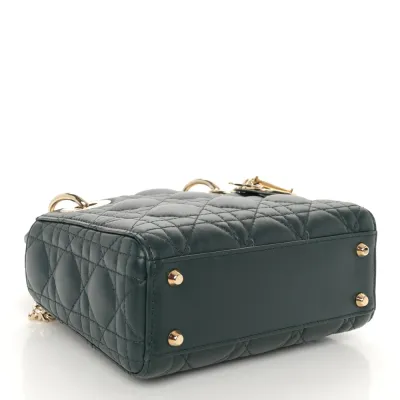 Dior Mini Lady Dior Dark Green Cannage Lambskin Leather Light Gold Hardware