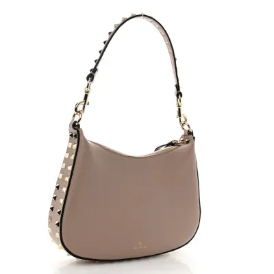 Valentino Garavani Mini Rockstud Hobo Poudre Grainy Calfskin Leather Gold Hardware