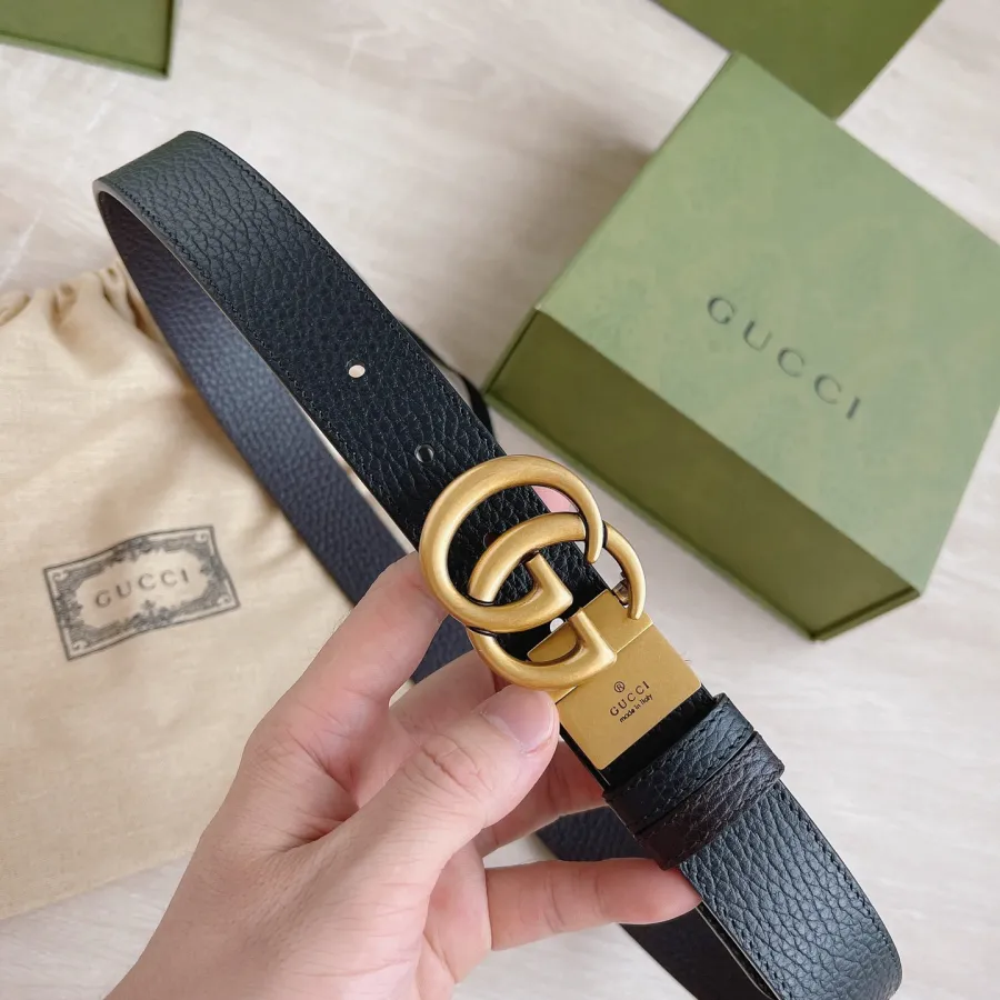 Gucci Women's Double G Buckle Belt In Black Grained Calfskin With Gold Hardware 30mm