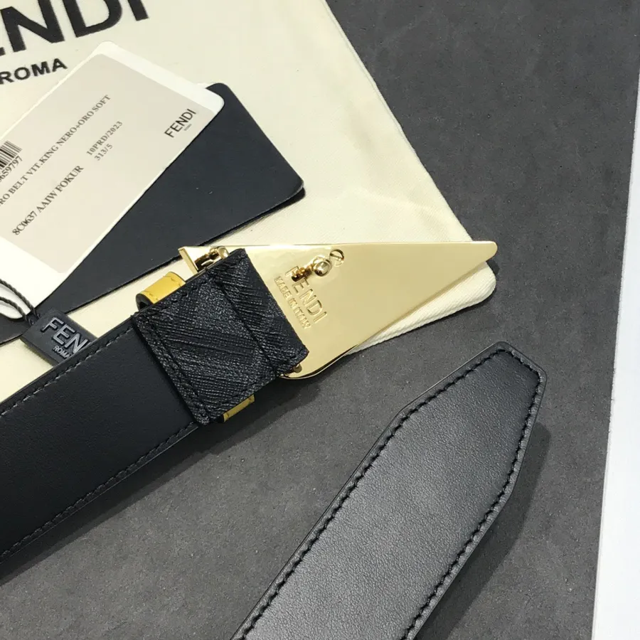 Fendi Men's FF Monster Eyes Belt In Brown/Black Saffiano Leather With Gold/Silver Hardware 35mm