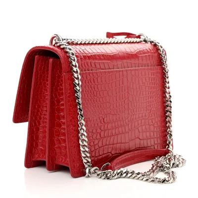 Saint Laurent Medium Sunset Bag Rouge Eros Embossed Monogram Calfskin & Crocodile Leather Silver Hardware