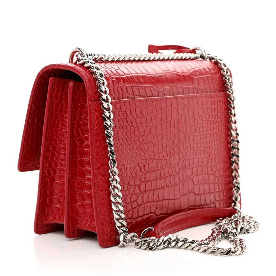 Saint Laurent Medium Sunset Bag Rouge Eros Embossed Monogram Calfskin & Crocodile Leather Silver Hardware