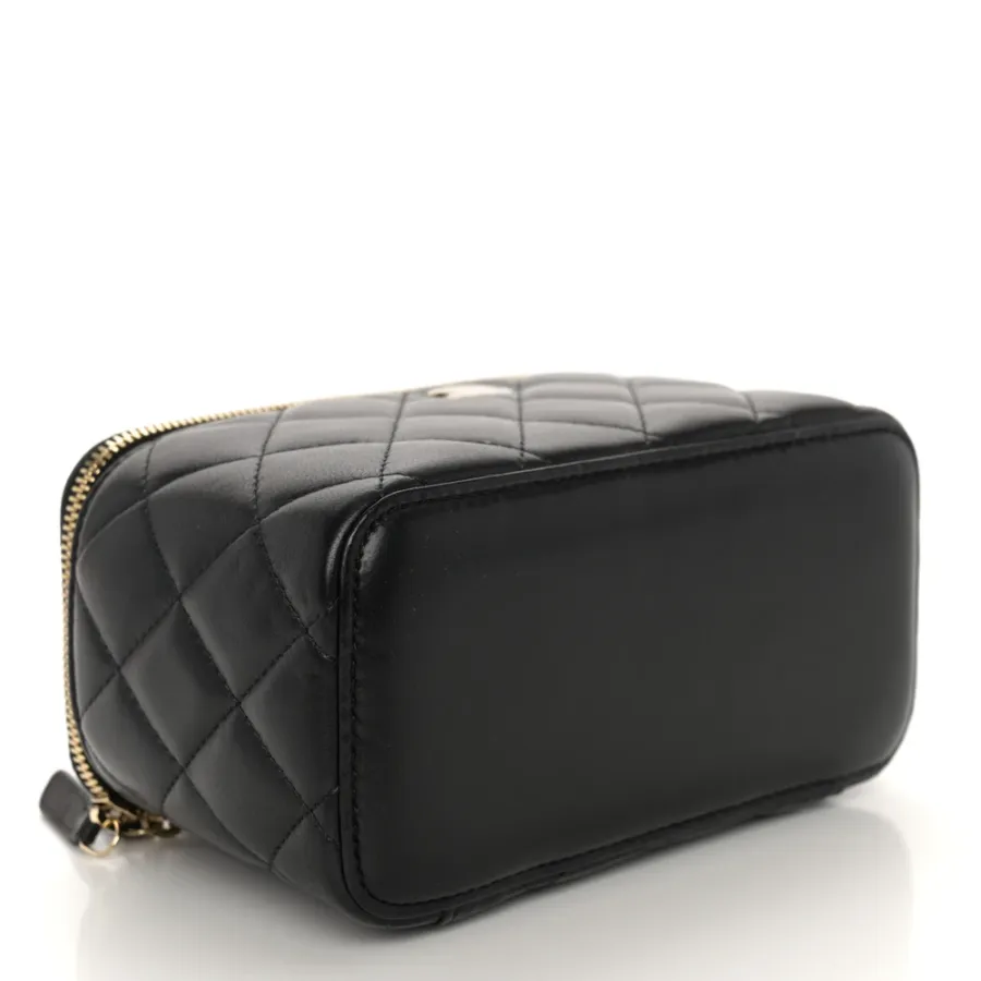 Chanel Vanity Case With Chain Small Black Quilted Lambskin Leather Light Gold Hardware