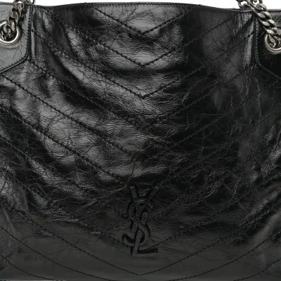 Saint Laurent Medium Niki Shopper Tote Black Crinkled Monogram Calfskin Matelasse Leather Silver Hardware