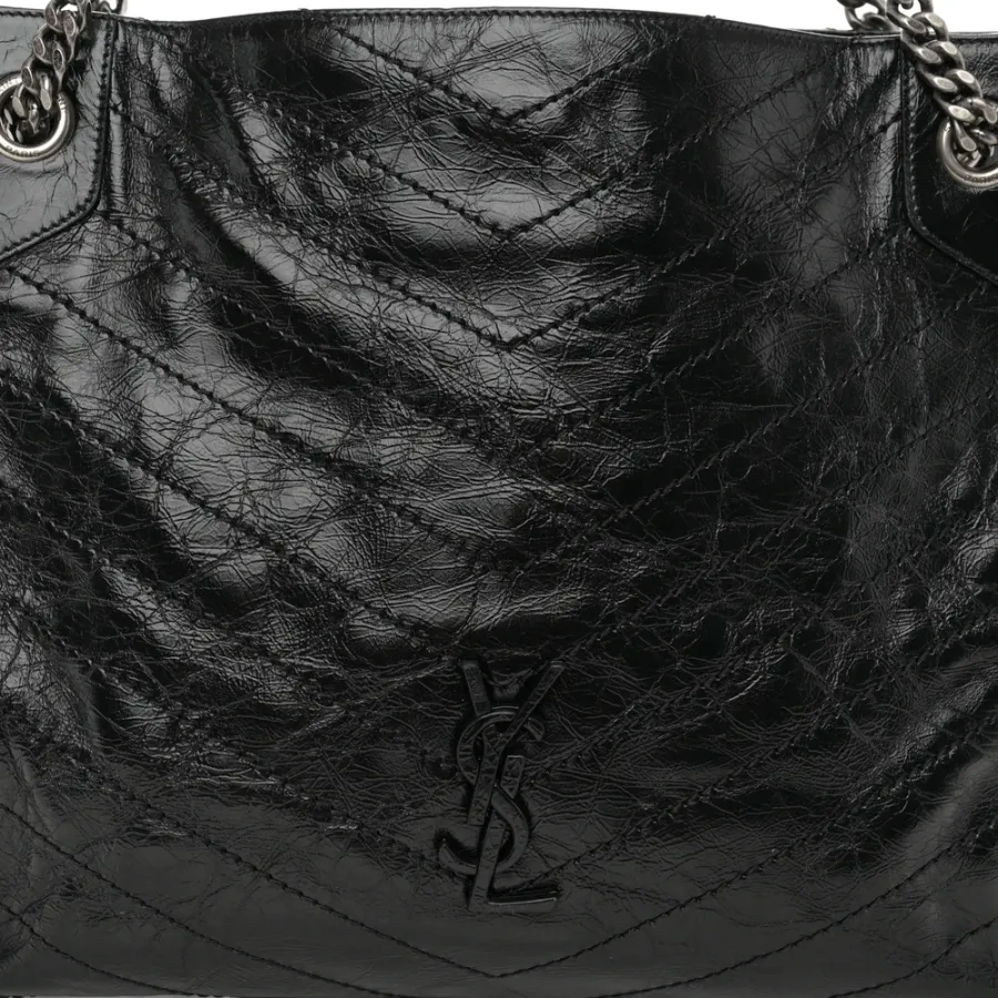 Saint Laurent Medium Niki Shopper Tote Black Crinkled Monogram Calfskin Matelasse Leather Silver Hardware