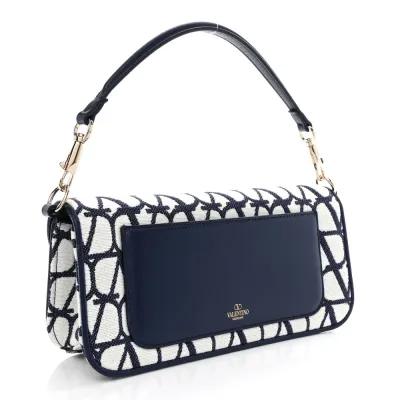 Valentino Garavani Small VLogo Locò Shoulder Bag White/Worker Toile Iconographe Cotton Silver Hardware