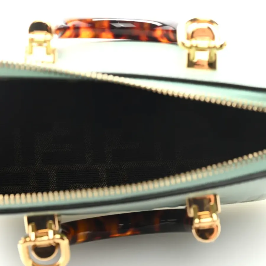 Fendi Mini Logo Embossed By The Way Top Handle Boston Bag Menta King Vitello Leather & Plexiglass Gold Hardware