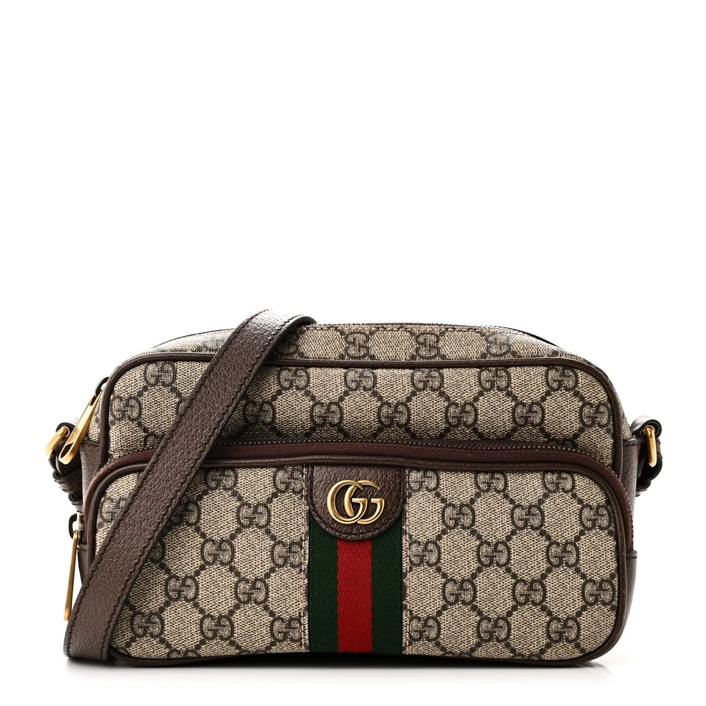 Gucci Small Web Ophidia Messenger Bag Bege / Ébano / New Acero GG Supreme Monograma em Canvas & Couro de Bezerro Hardware Dourado