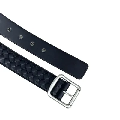 Bottega Veneta Men's Square Buckle Intrecciato Belt In Black/Coffee/Blue/Grey Calfskin With Silver/Black Hardware 40mm