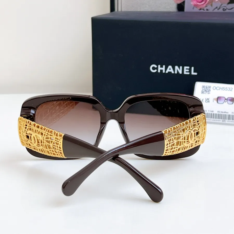 CHANEL square frame glasses brown gold color size 54-20-140
