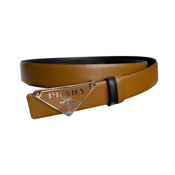 Prada Men' s Triangled Buckle Belt In Black/Brown/White/Blue Saffiano Calfskin With Gold/Silver Hardware 35mm - Image 6