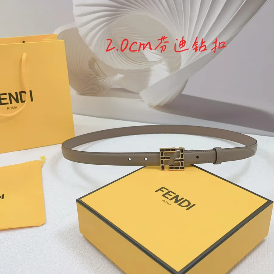 Fendi Women's FF Squared Buckle Belt In Black/Brown/Grey/Beige/White Calfskin With Gold Hardware 20mm