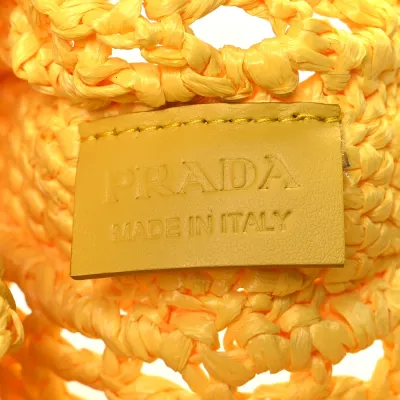 Prada Large Effect Crochet Logo Embroidered Tote Bag Giallo Yarn Raffia