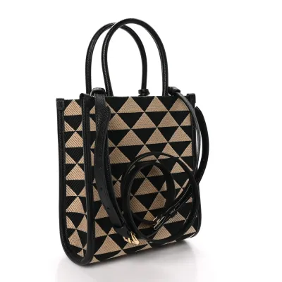 Prada Mini Triangolo Symbole Embroidered Tote Bag Black/Corda Jacquard Saffiano Leather Gold Hardware
