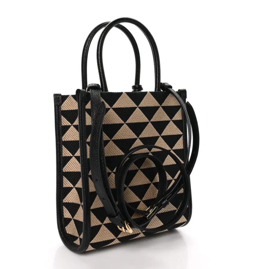 Prada Mini Triangolo Symbole Embroidered Tote Bag Black/Corda Jacquard Saffiano Leather Gold Hardware