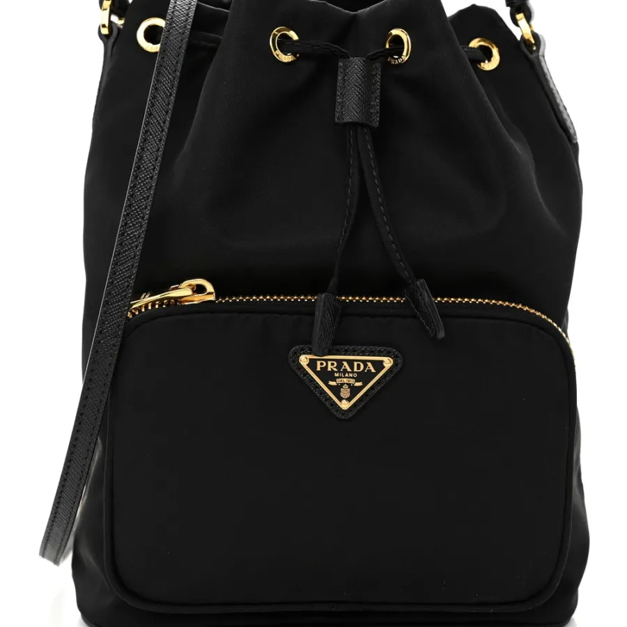 Prada Mini Bucket Crossbody Bag Black Saffiano Leather & Tessuto Nylon Brass Hardware