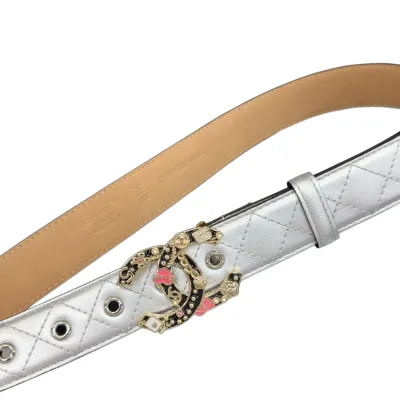 Chanel Women's Decorative CC Buckle Belt In Silver/Purple Diamond Stitching Calfskin With Gold/Silver Hardware 30mm