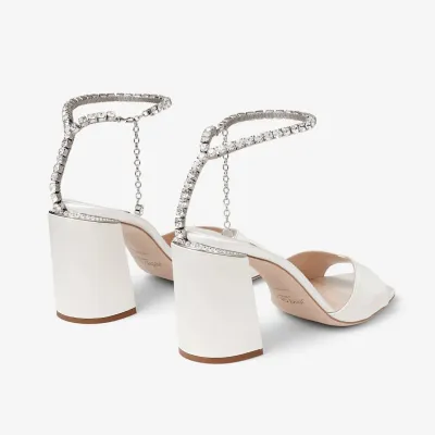 JIMMY CHOO Crystal chain ivory white satin sandals with wide high heels