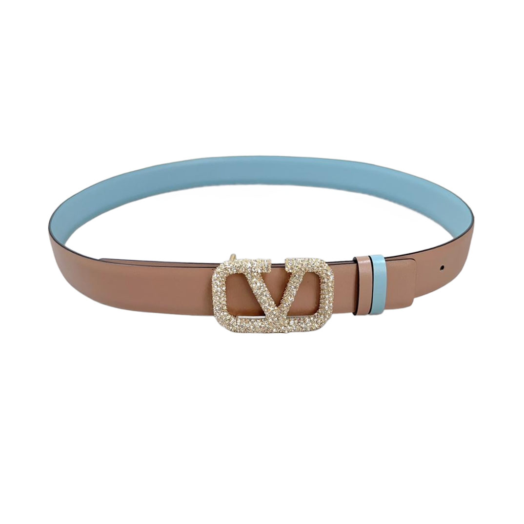 Valentino V Buckle With Crystal Belt In Nude/Blue Calfskin With Gold/Black Hardware 30mm