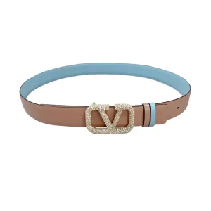 Valentino V Buckle With Crystal Belt In Nude/Blue Calfskin With Gold/Black Hardware 30mm