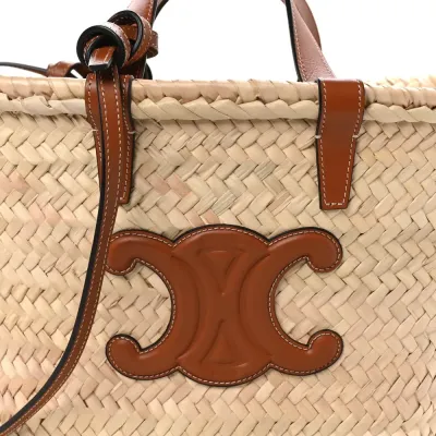 Celine Medium Triomphe Teen Panier Tan Palm Leaf & Calfskin Leather Gold Hardware