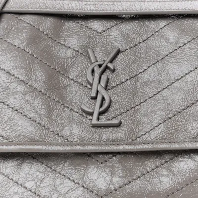 Saint Laurent Medium Niki Chain Satchel Fog Crinkled Monogram Calfskin Matelasse Leather Ruthenium Hardware