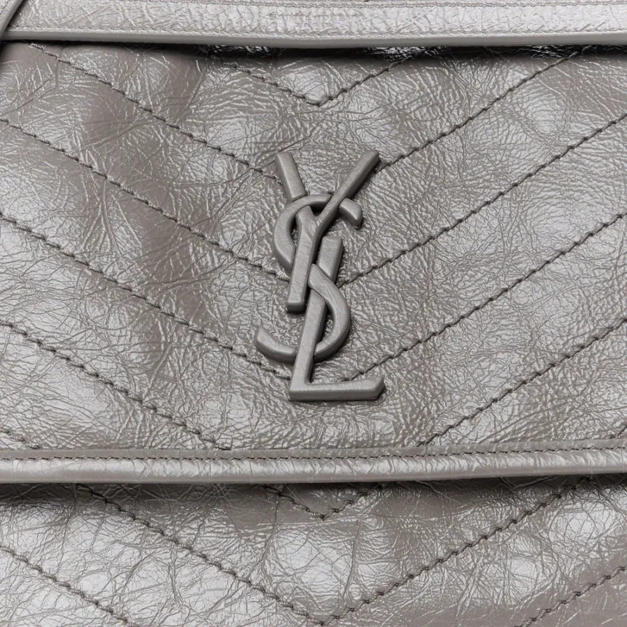 Saint Laurent Medium Niki Chain Satchel Fog Crinkled Monogram Calfskin Matelasse Leather Ruthenium Hardware
