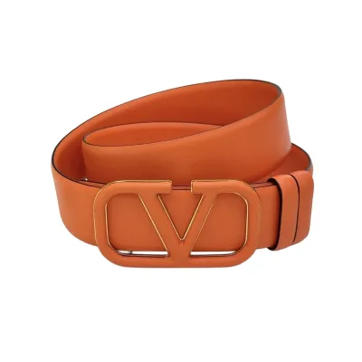Valentino V Buckle Belt In Gold/Orange/Brown/Nude Smooth Calfskin With Gold/Orange/Brown/Nude Hardware 40mm