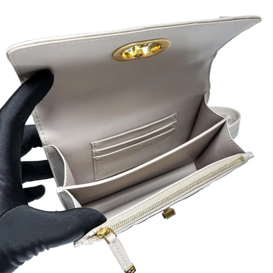 Dior Miss Caro Mini Bag With Chain In Beige/Black/White/Powder Pink Macrocannage Lambskin Gold Hardware