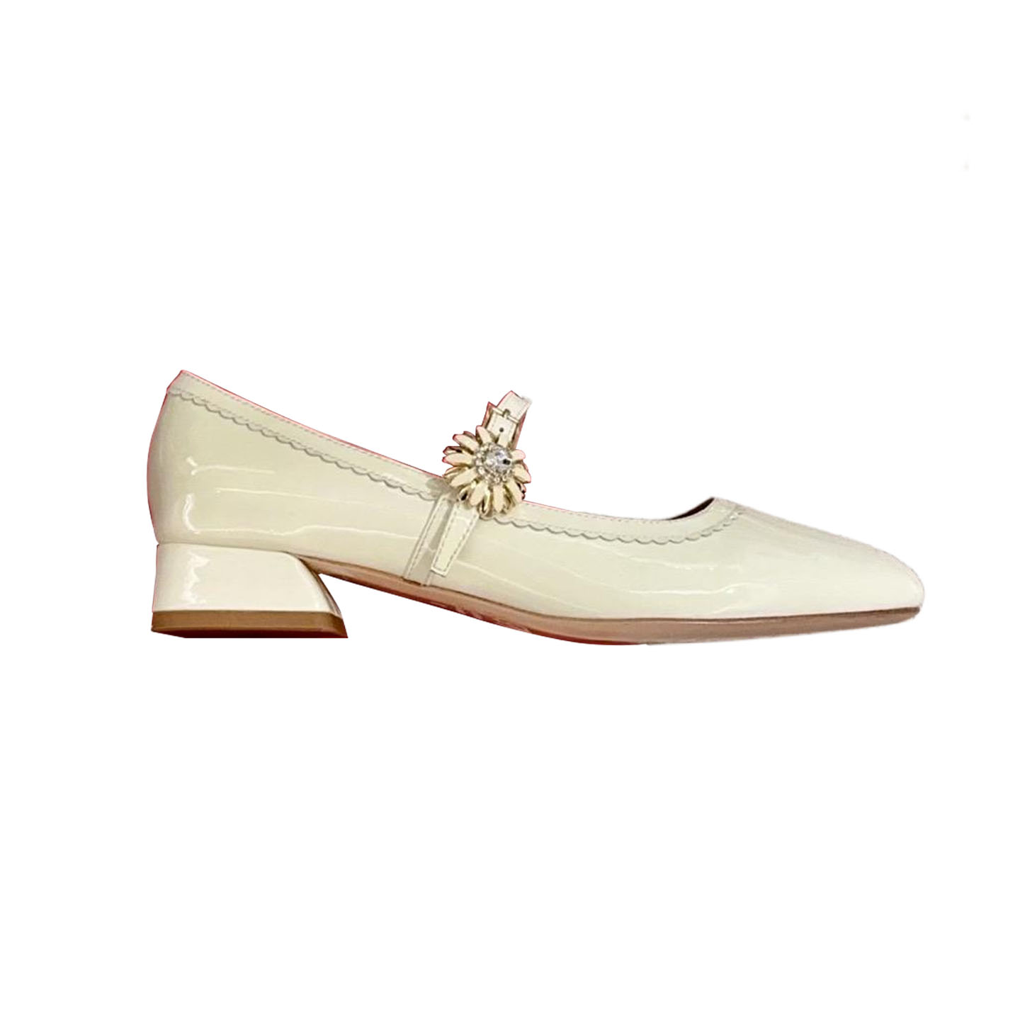 Roger Vivier Très Vivier Dasiy Mary Janes Em Couro Verniz Branco/Rosa Com Fivela Metálica Flor (Altura do Salto 2,5cm)
