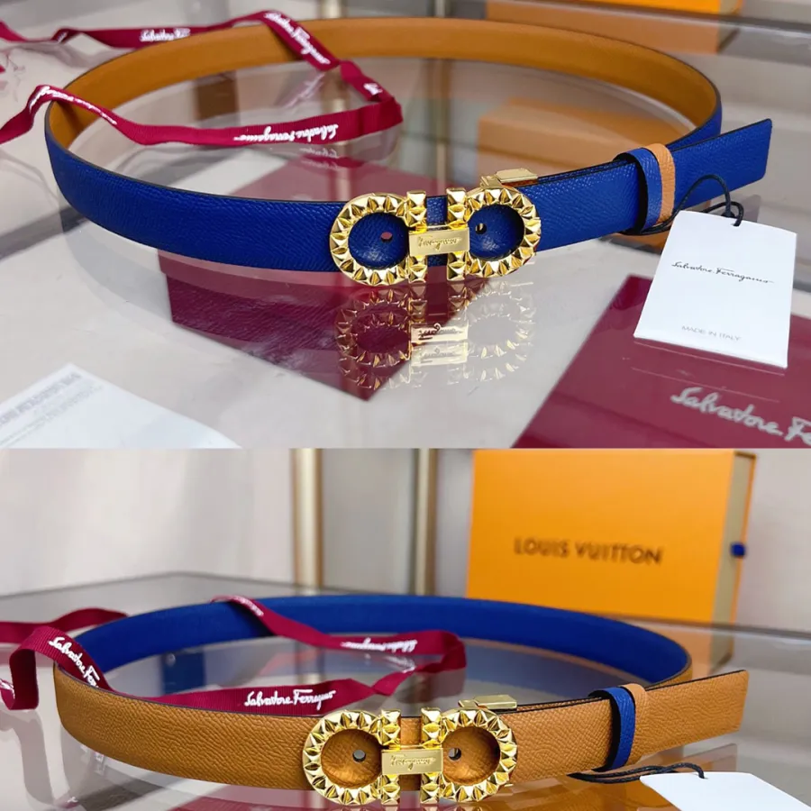 Ferragamo Women's Double Gancini Reversible Belt In Blue/Pink/Red/Purple/Black/Brown/White/Navy Blue Calfskin With Gold/Silver Hardware 25mm