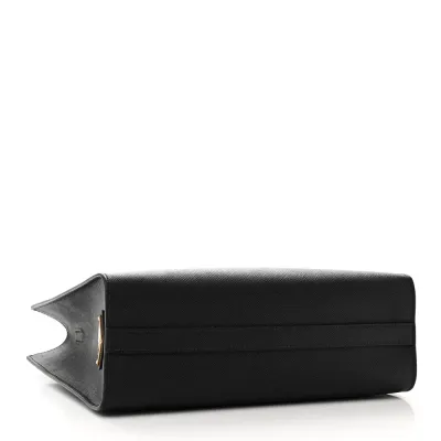 Prada Medium Lux Logo Embossed Shoulder Tote Handbag Black Saffiano Leather