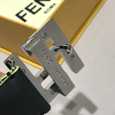 Fendi Men's Squared FF Buckle Belt In Black/Blue Smooth Calfskin With Silver Hardware 40mm