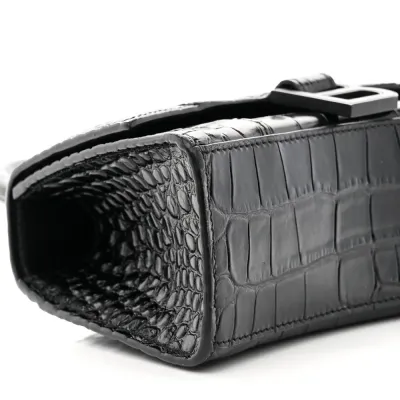 Balenciaga XS Hourglass Top Handle Bag Black Monochrome Crocodile Embossed Shiny Calfskin Leather Black Hardware