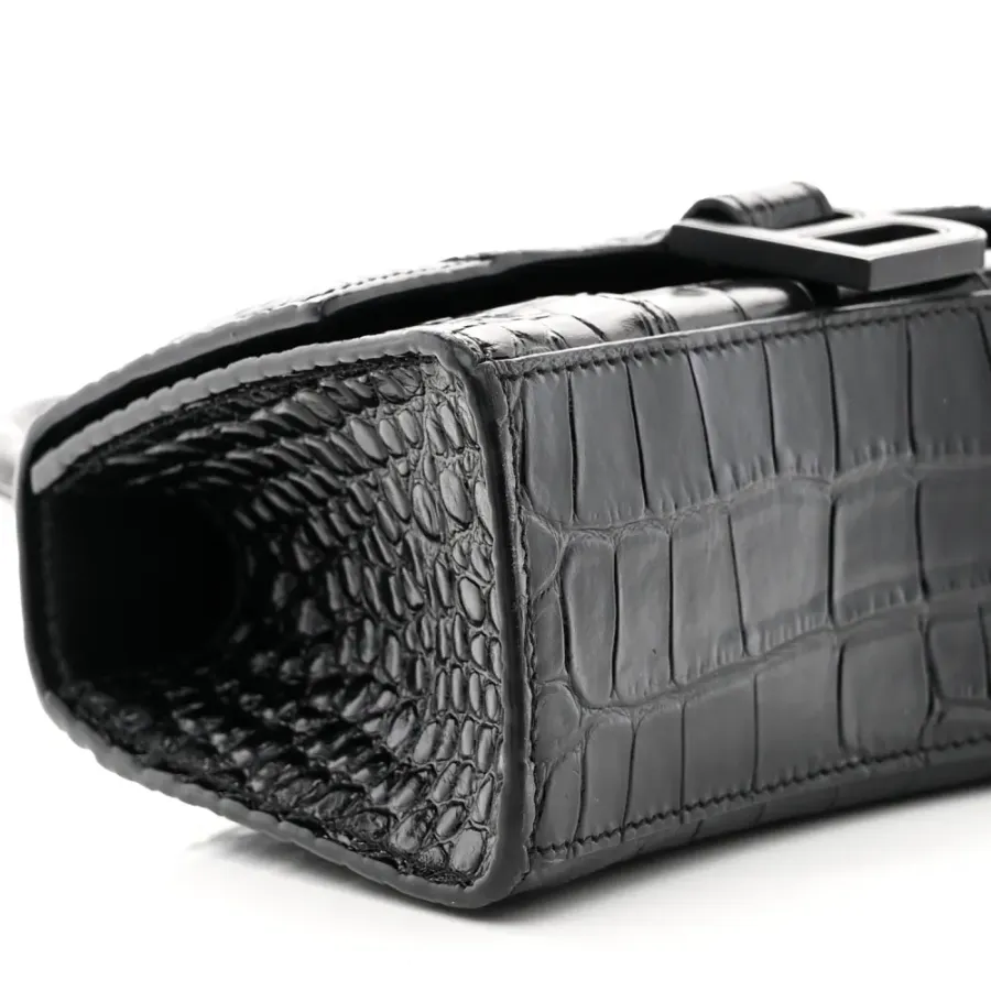 Balenciaga XS Hourglass Top Handle Bag Black Monochrome Crocodile Embossed Shiny Calfskin Leather Black Hardware