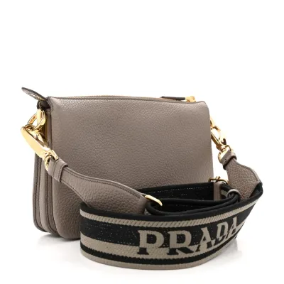 Prada Mini Soft Zippered Shoulder Bag Clay Grey Vitello Daino Leather Gold Hardware