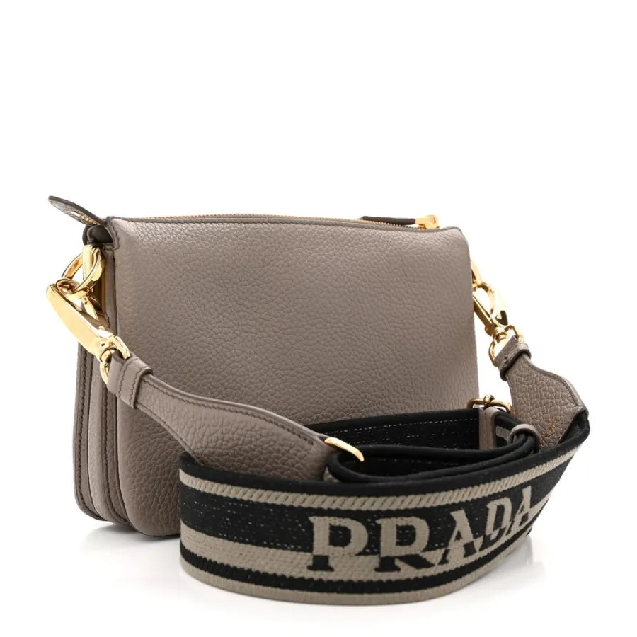Prada Mini Soft Zippered Shoulder Bag Clay Grey Vitello Daino Leather Gold Hardware