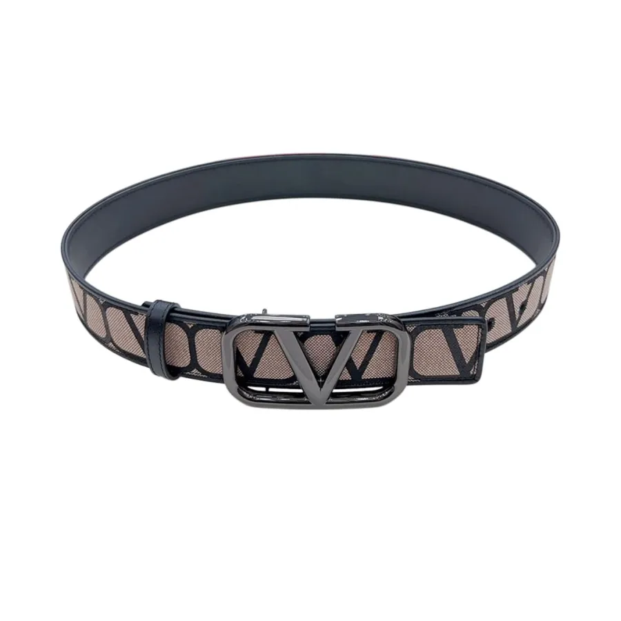 Valentino V Buckle Belt In Red/Black/Coffee Monogram Logo Calfskin With Gold/Gun Black Hardware 40mm