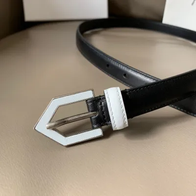 Saint Laurent Triangle Frame Buckle Thin Belt In Black/White Smooth Calfskin With Silver Hardware 20mm