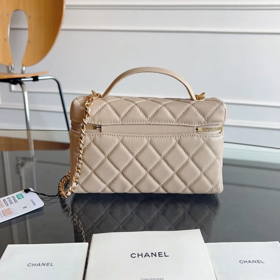 Chanel Apricot color / Yellow / Pink / white / Grey / Black  Quilted Caviar Leather handle makeup bag handbag