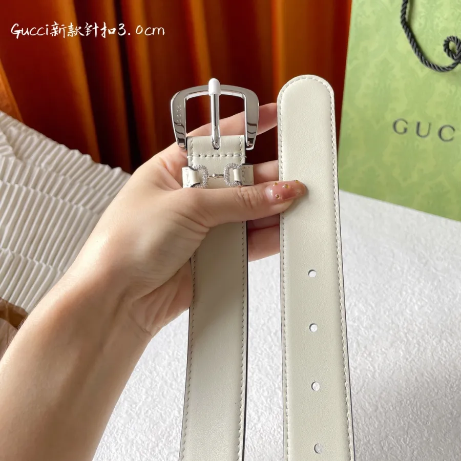 Gucci Women's Square Buckle With Beading Horsebit Thin Belt In White/Black Smooth Calfskin With Gold/Silver Hardware 30mm