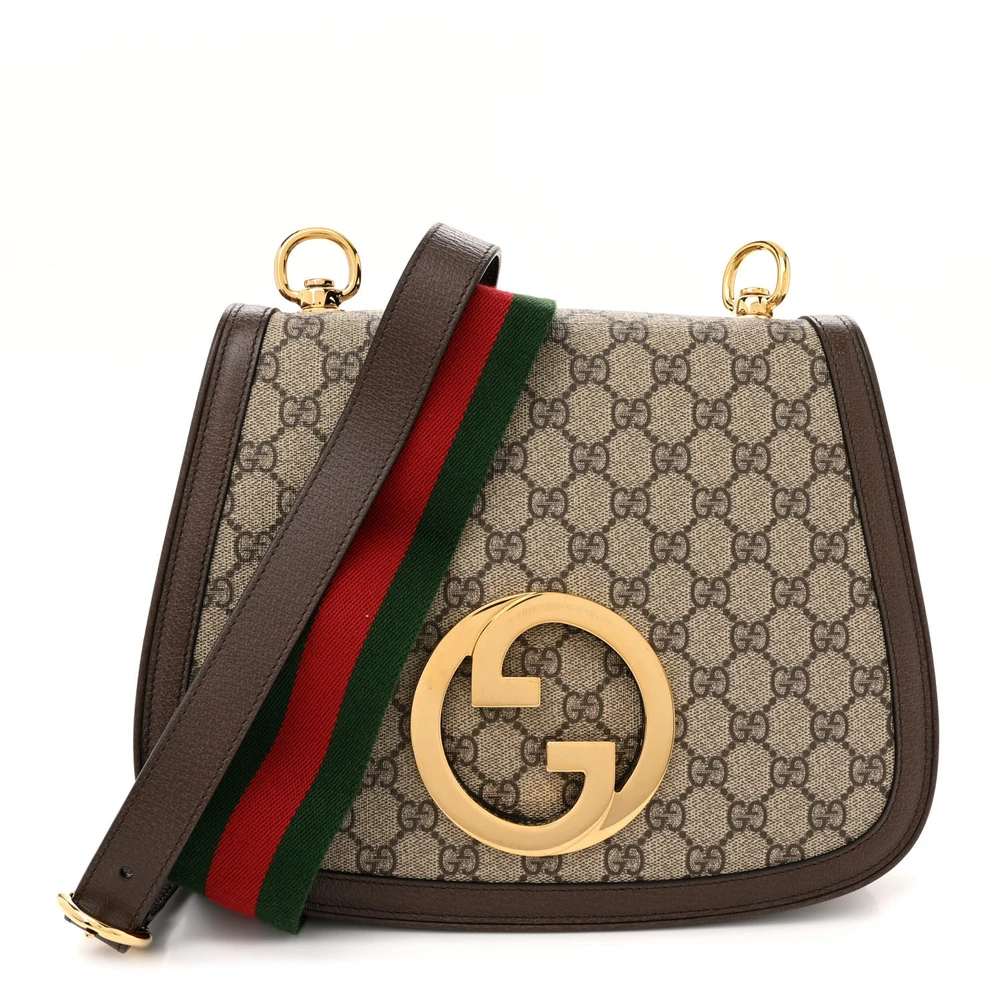 Gucci Bolsa de Ombro com Alça Superior Blondie Média Bege / Ébano / New Acero GG Supreme Monograma em Canvas e Couro Calfskin Texturizado Dollar com Hardware em Latão