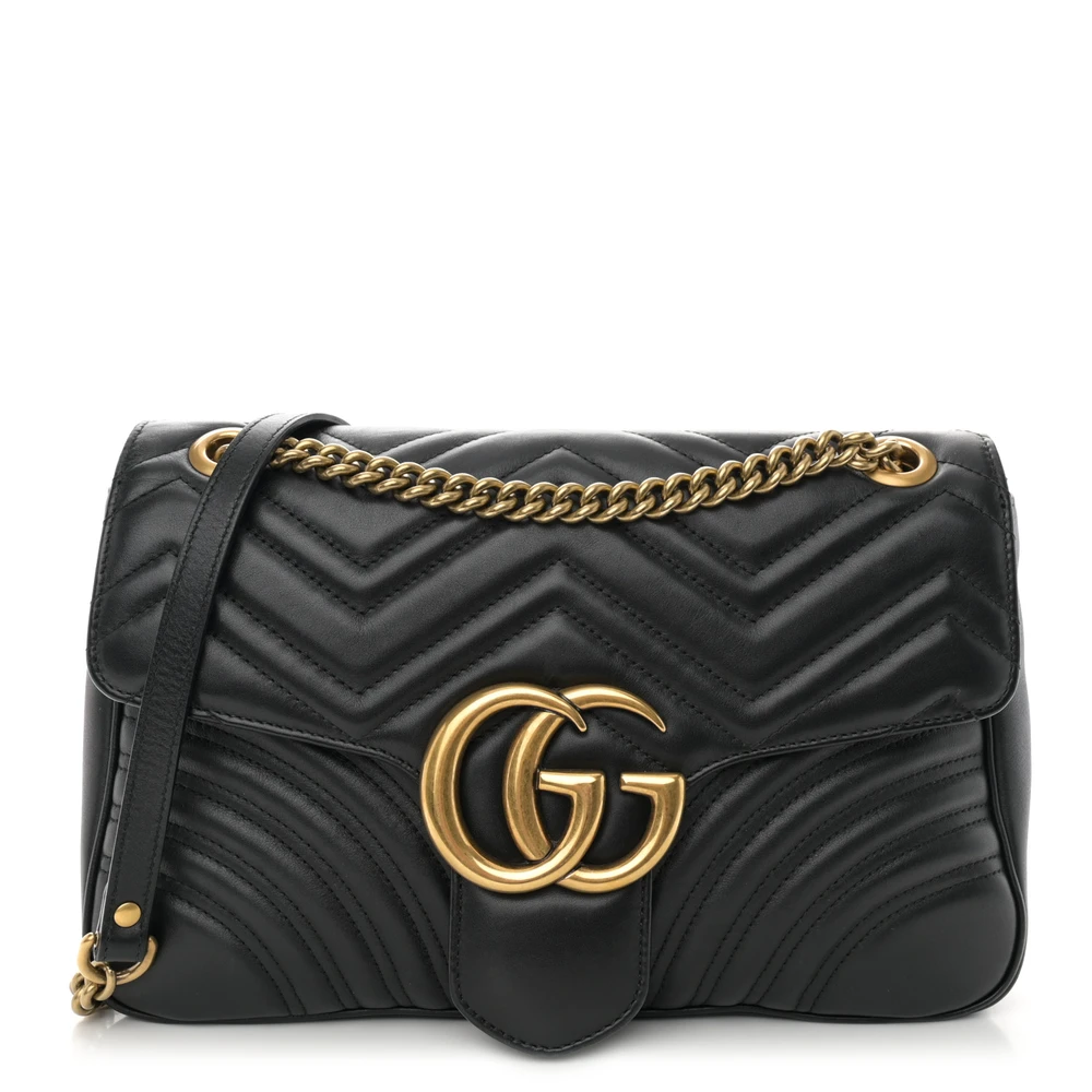 Gucci Bolsa de Ombro GG Marmont Média em Couro Calfskin Matelassé Preto com Hardware Antigo Dourado
